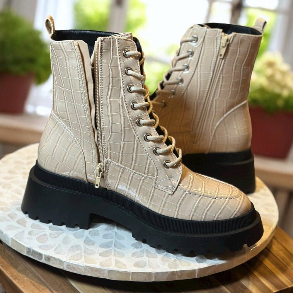 Topshop Kara Lace-Up Combat Boots Croc Embossed Beige Lug Sole Women’s 9.5 / 40 - Picture 8 of 15